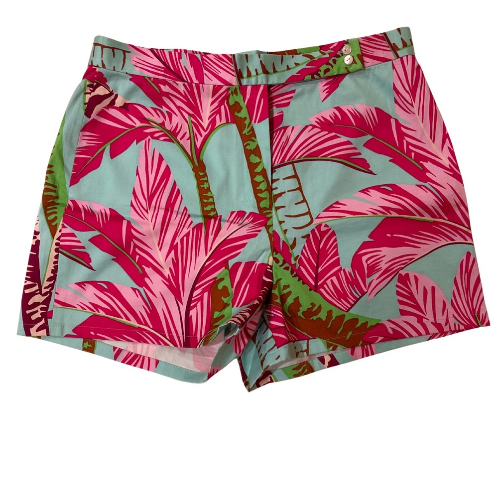 Tibi Y2K Pink & Light Blue Leaf Print Shorts - Size 6 - High-Waist - Flat-Front